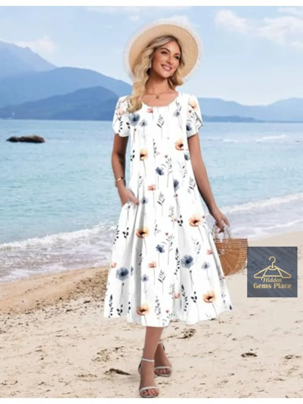 Women's Flowy Midi Sundress Pleated A-Line Casual Dresses with Pockets